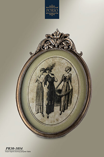 Porio Vintage Ahşap Görünümlü İnsan Figürlü 42*30 Dekoratif Gümüş Çerçeve Pan...