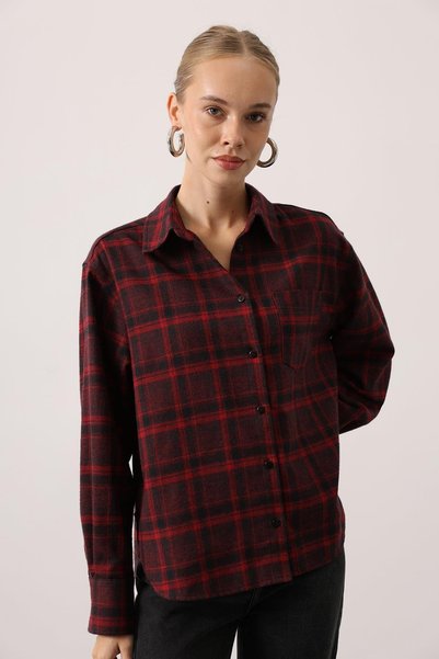 vuvutasarım Women's Plaid Oversized Women's Burgundy Shirt 34507