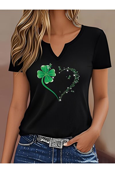 mercoledi Women's St. Patrick's Day Shamrock Printed Half V-Neck Sleeves Regu...