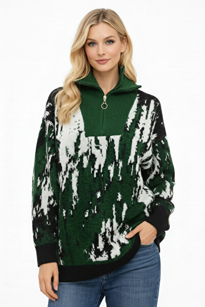 Stil Sepeti Women's Green Mock Neck Zipper Patterned Knitwear Sweater Ss-4002...