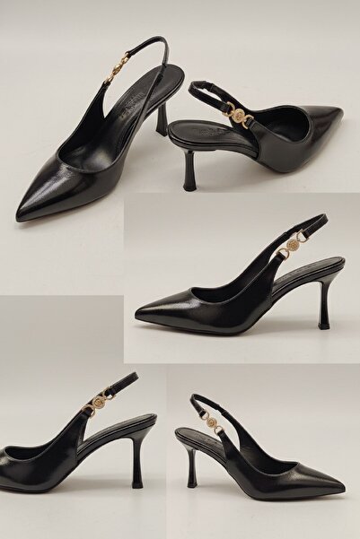 akerler Women's Black Rustic Leather Platinum Buckle Detailed Evening Dress S...