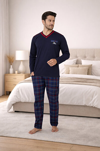 FORMO Men's 100% Natural Cotton High-Quality V-Neck Long Sleeve Plaid Pajama Set