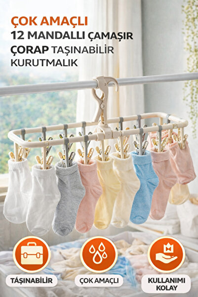 Ecuy Katlanabilir 12 Mandallı Taşınabilir Çorap ve İç Çamaşırı Askısı Çok Ama...