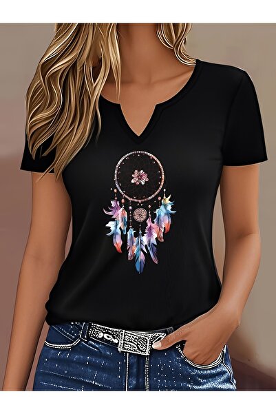 mercoledi Women's Dream Catcher Printed Half V-Neck Sleeves Regular Fit Casua...