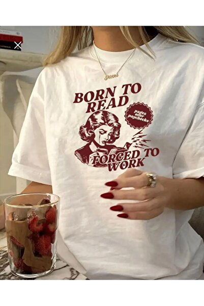 LELVANİ Women's Born to Read Red Writing Printed White T-Shirt