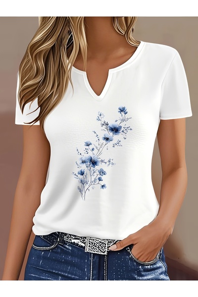 mercoledi Kadın Mavi Çiçek Baskılı Yarım V-Yaka Kollu Regular Kalıp Rahat T-s...