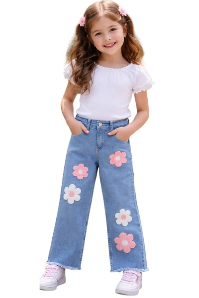 İrem Çocuk Giyim Girl's Blue Color Jeans with Floral Embroidery Appliques, Wi...