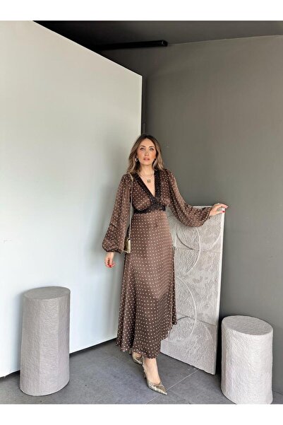 Zerrincan Giyim Kahve Puantiyeli Dantelli Saten Elbise