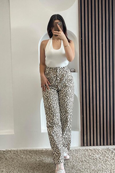 BEBE PLUS Leopar Desen Altın İşleme Detay Pantalon - Kahve KAHVE
