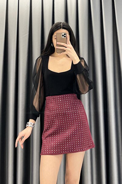 Chamakh Taş İşleme Süet Etek - Bordo BORDO