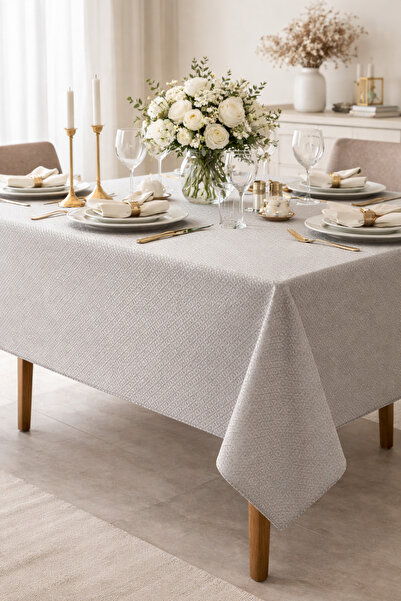 POMELO HOME Jakarlı Desenli Masa Örtüsü – Kaymaz Dokulu, Modern Gri