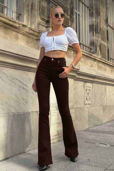 NWC Likralı Kadın Kahverengi İspanyol Jeans Pantolon ( Kalın Kumaş İç Göstermez)