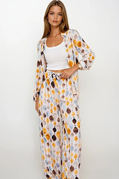 Trend Alaçatı Stili Women's Yellow Patterned Oversized Shirt and Lace-Up Pala...