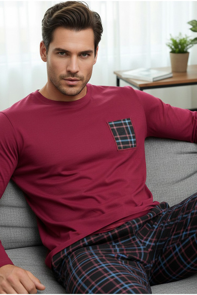 Siyah İnci Black Plaid Patterned Top Burgundy Pocket Embroidery Knitted Pajam...