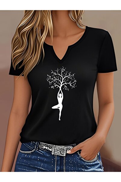 mercoledi Women's Yoga Tree Printed Half V-Neck Sleeves Regular Fit Comfortab...