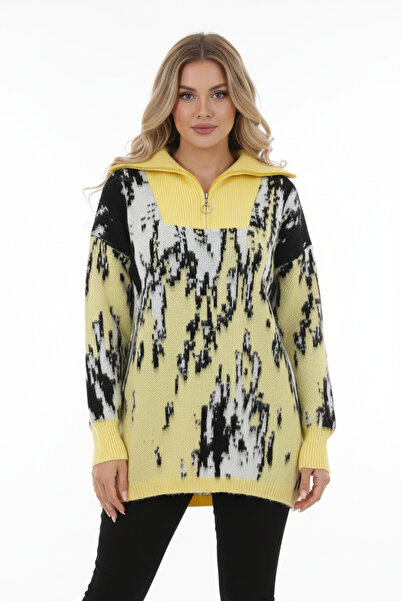 Stil Sepeti Women's Yellow Mock Neck Zipper Patterned Knitwear Sweater Ss-400...