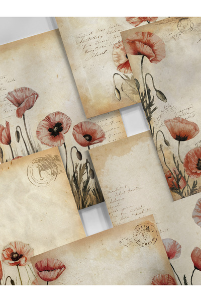 Henno A6 (10,5x14,8 cm) 6'lı Gelincik Detaylı Vintage Scrapbook Mektup Kağıdı