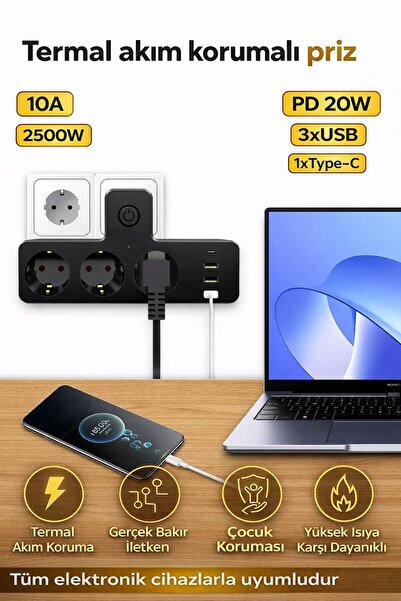 BarkoFix Termal Akım Korumalı 3 Priz / 3 Usb / 1 Typec 20w Girişli 2500W Duva...