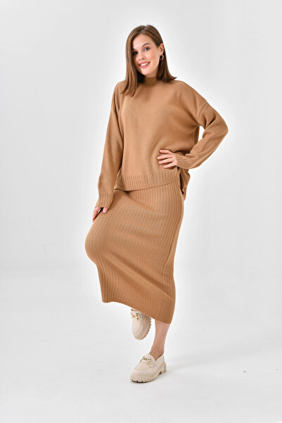 Park Karon Women's Mock Neck Casual Sweater Long Skirt Two-Piece Knitwear Set