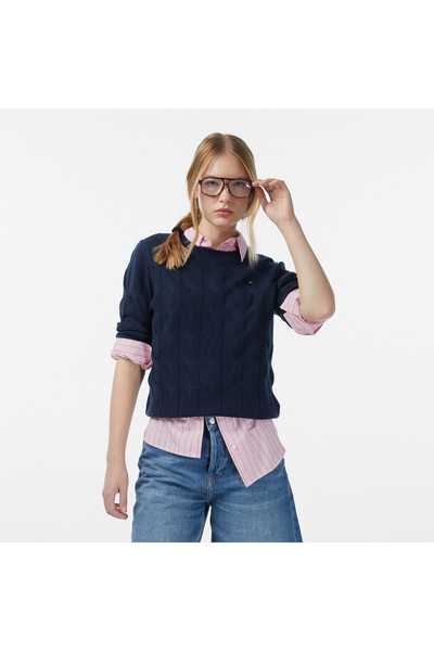 Tommy Hilfiger Soft Wool Cable Kadın Mavi Kazak