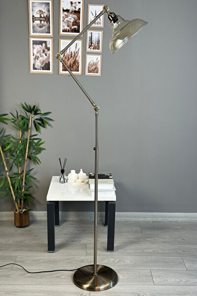 Bamyum Vishi Bal Rengi Cam 3 Mafsallı Eskitme Gövde Metal Lambader Modern Dek...