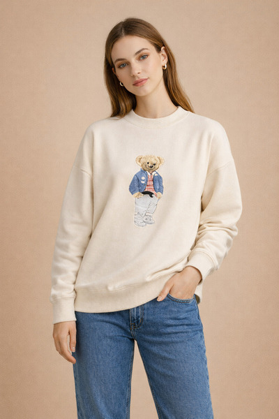 Kirazgym Teddy Bear Embroidered Knit Sweater - Cream