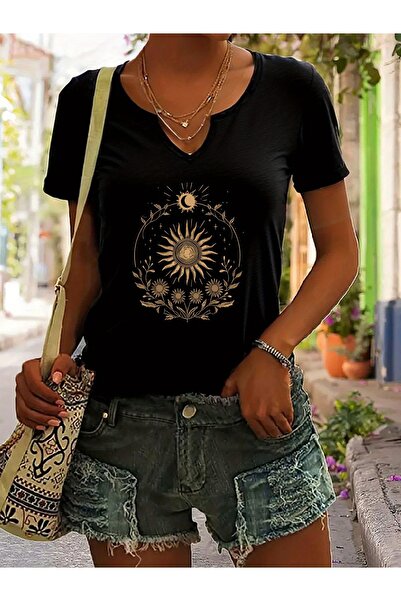 mercoledi Women's Sun Moon Printed Half V-Neck Sleeves Regular Fit Casual T-S...