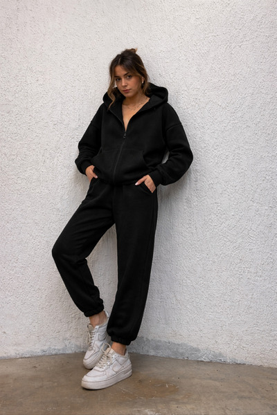 BayBayan Women's Hooded Zippered Basic Cardigan Set