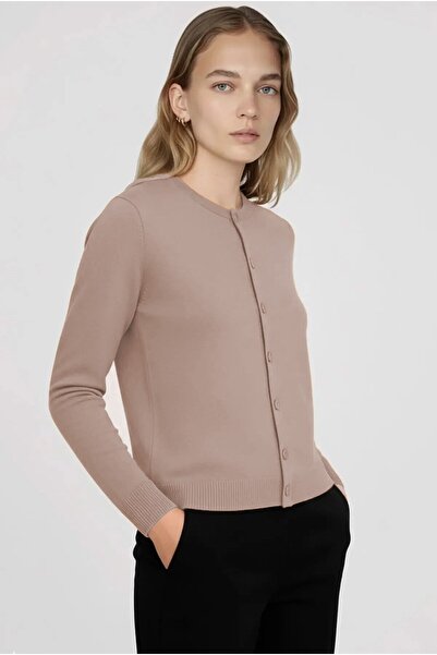 Triko Mısırlı Camel Bisiklet Yaka Düğmeli Kadın Hırka