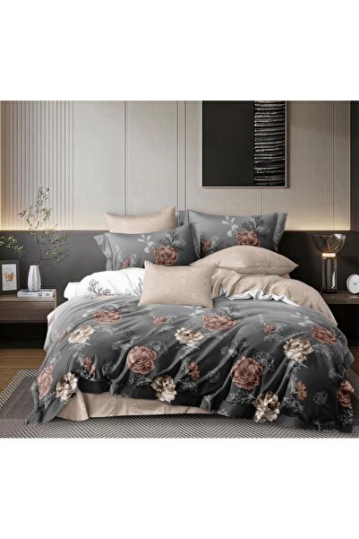 trendyhome Double Bed Linen, 4 Pieces, Satin Cotton, Poppies, Multicolor