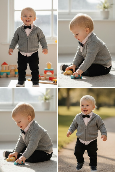 İdeal Concept 7456 Baby Boy Set Knitted Cardigan Shirt Pants Bow Tie 4-Piece ...