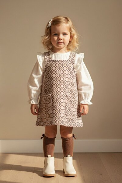 Kübra Tekstil Baby Girl Strappy Front-Pocket Gilet Dress Long Sleeve Blouse P...