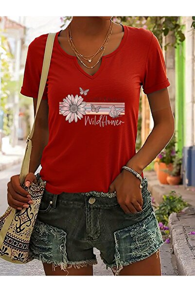 mercoledi Women's Wildflower Printed Half V-Neck Sleeves Regular Fit Casual T...