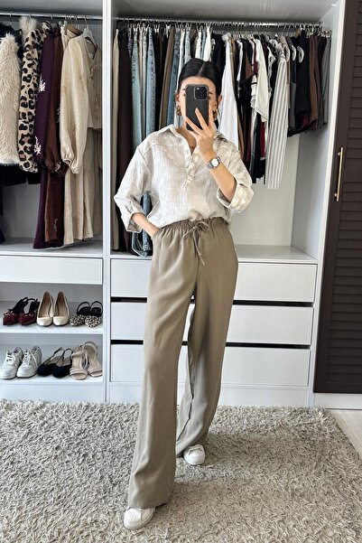 BEBE PLUS Bel Lastikli Keten Pantolon - Vizon VİZON
