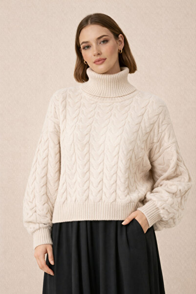 Kirazgym Knitted Patterned Knitwear Sweater Turtleneck-Ecru