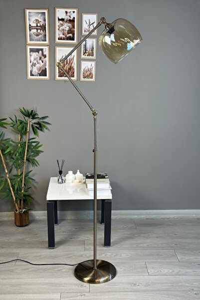 Bamyum 3 Mafsallı Dijon Bal Rengi Cam 3 Mafsallı Eskitme Gövde Metal Lambader...