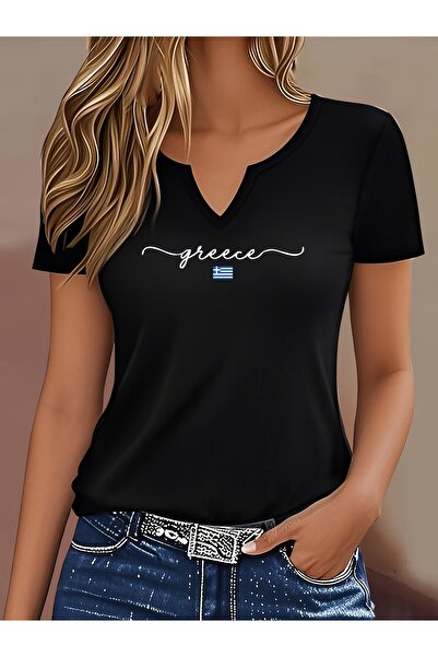 mercoledi Women's Greece Printed Half V-Neck Sleeves Regular Fit Casual T-Shirt