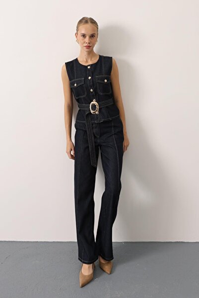 bayansepeti New Season Gold Belt Detailed Sleeveless Pocketed Denim Two-Piece...