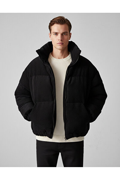 NO1 KONSEPT Siyah Kadife Fitilli Şişme Balıkçı Yaka Mont