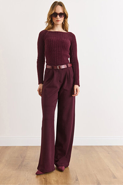 Olalook Жіночі бордові штани з поясом, кишенями та складками PNT-19000390