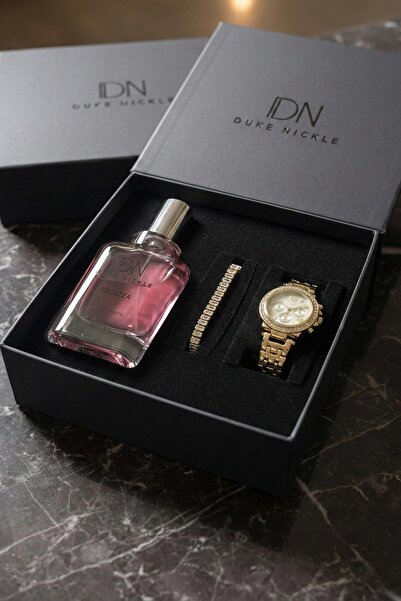 Duke Nickle Taşlı Bileklikli Altın Metal Kordon Kadın Kol Saati Parfüm Kutulu...