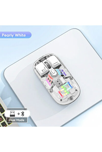 Merwish RGB Şeffaf Kablosuz Mouse Dual Mode USB Bluetooth Type C Şarjlı Pil G...