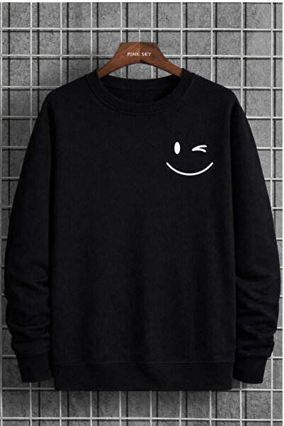 Pink Sky سويت شيرت للجنسين قصة فضفاضة قطن مطبوع سويت شيرت Winking Smiley