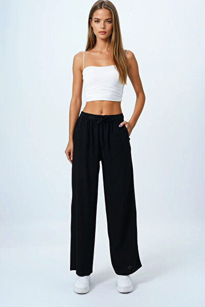 Trend Alaçatı Stili Women's Black Lace-Up Elastic Waist Linen Palazzo Pants V...