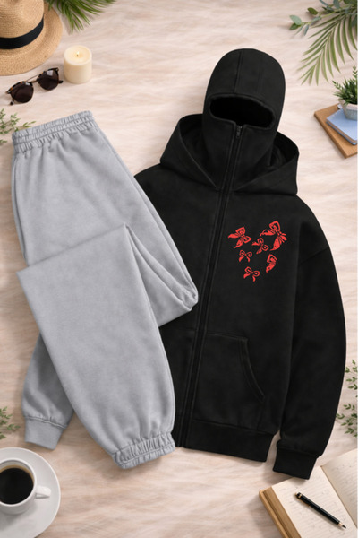 Pink Sky Unisex Kar Maskeli Ninja Kelebek Baskılı Fermuarlı Kapüşonlu Oversiz...