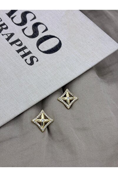 Hedef Bijuteri Gold Color Zircon Stone Square Model Four Petal Flower Earring...