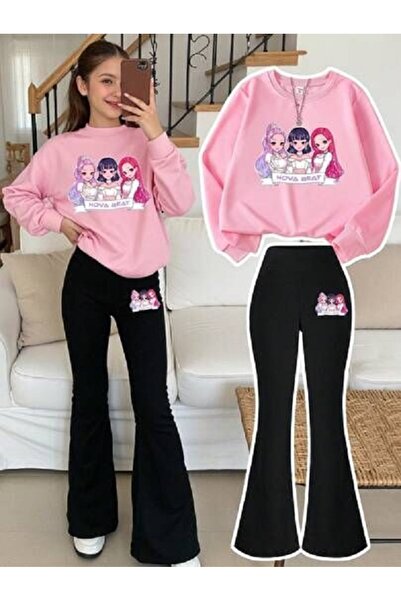 Kids Üç Kız Baskılı Üst Pembe Alt Siyah İspanyol Paça Kız Çocuk Takım