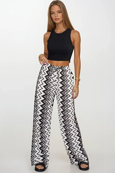 Trend Alaçatı Stili Women's Black-White Elastic Waist Lace-Up Patterned Visco...