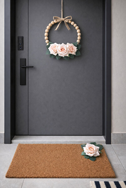 ecrella Kapı süsü paspas takımı soft pembe güllü ahşap boncuklu kapı süsü kok...