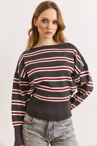 Olalook Women's Anthracite Striped Soft Textured Boat Neck Knitwear Blouse Bl...